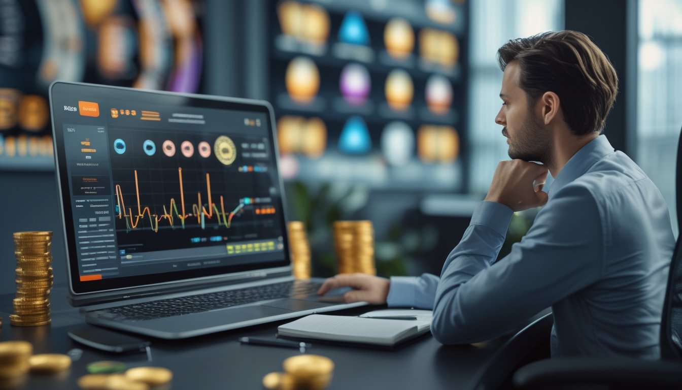 Seorang analis mempelajari grafik dan indikator statistik permainan slot pada laptop di meja kerja.