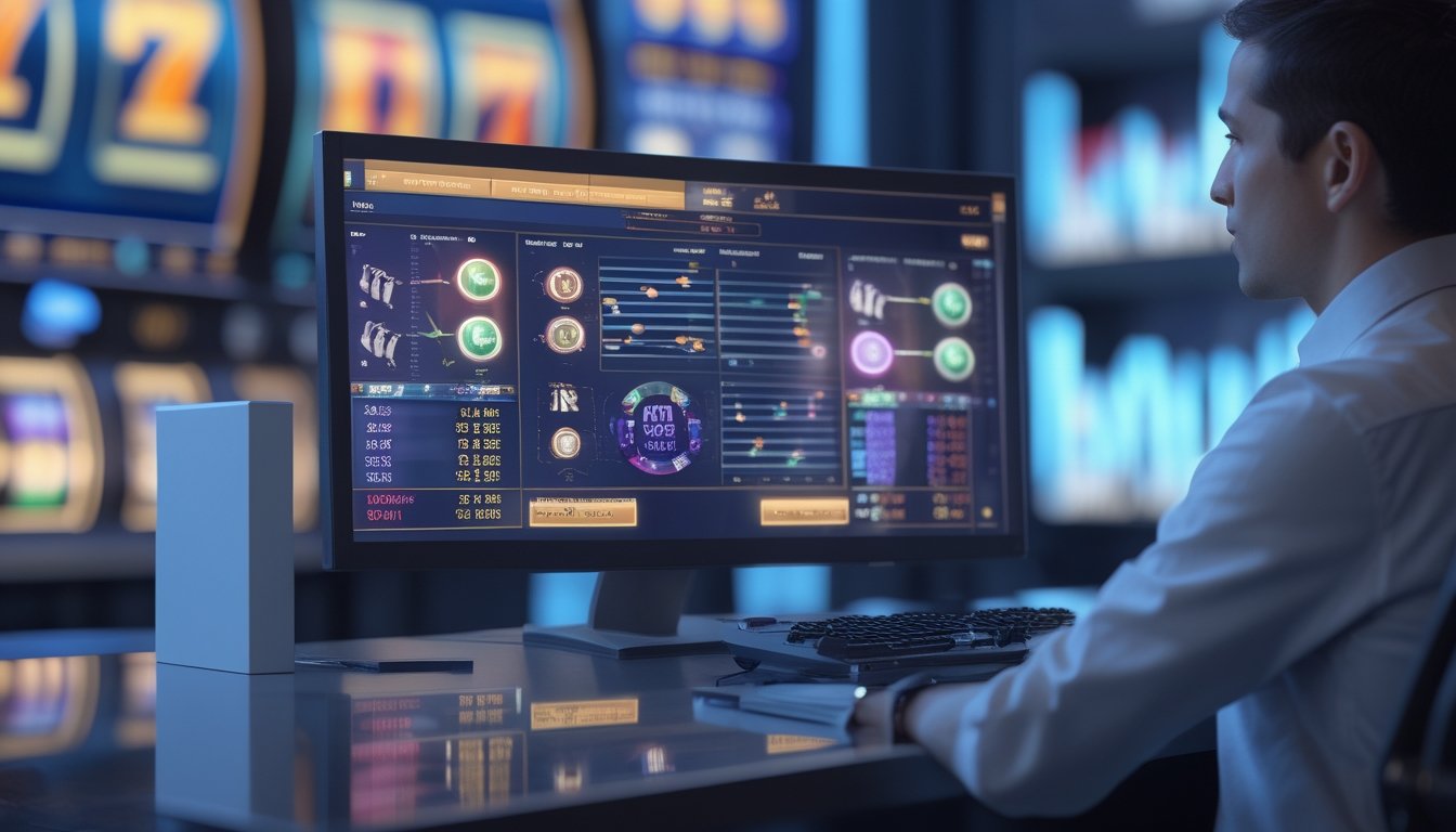 Seorang analis memeriksa visualisasi data statistik permainan slot pada layar komputer, dengan simbol pertanyaan dan tanda centang yang menggambarkan mitos serta fakta.
