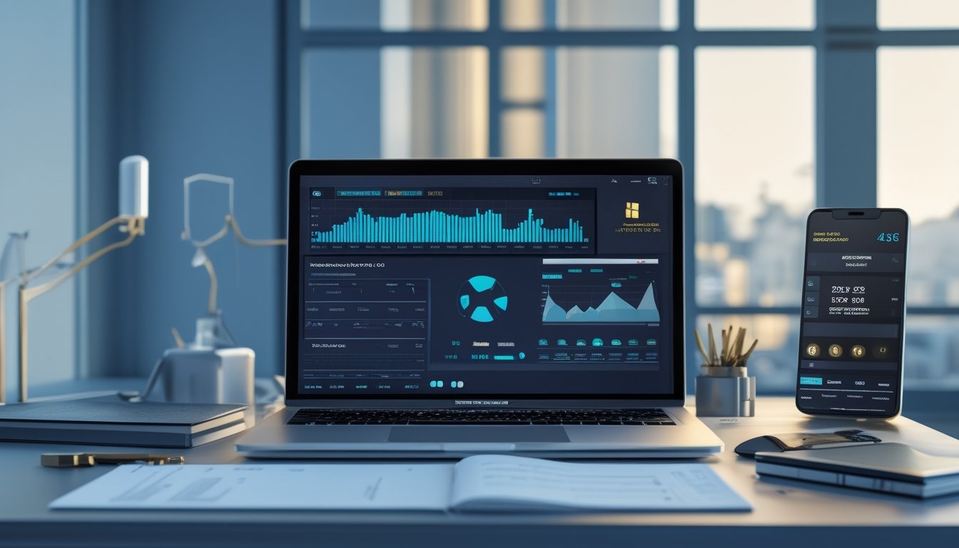 Meja kerja modern dengan laptop yang menampilkan grafik analitik RTP dan perlengkapan pencatatan.
