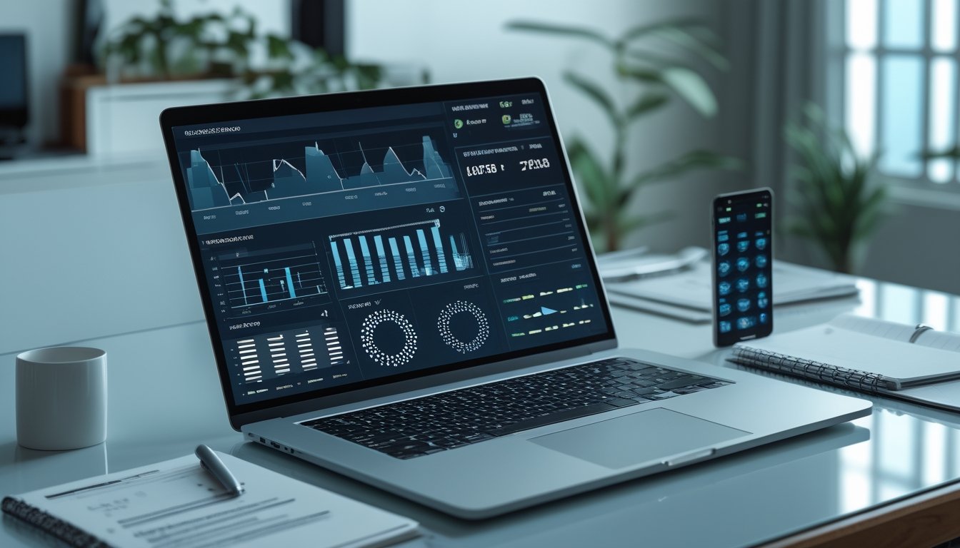 Meja kerja modern dengan laptop yang menampilkan grafik statistik dan analisis data peluang permainan.
