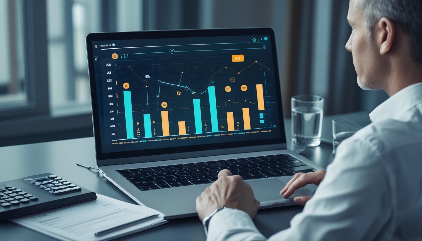 Seorang analis meninjau grafik data dan kalkulator di meja kerja modern.