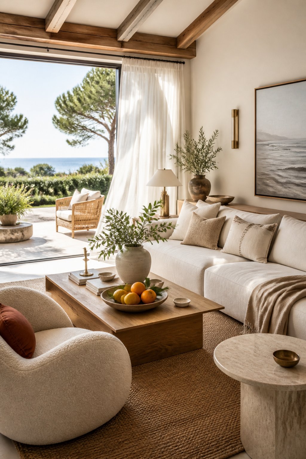 A bright, elegant summer living room with neutral furnishings, natural textures, greenery, and citrus on a coffee table.