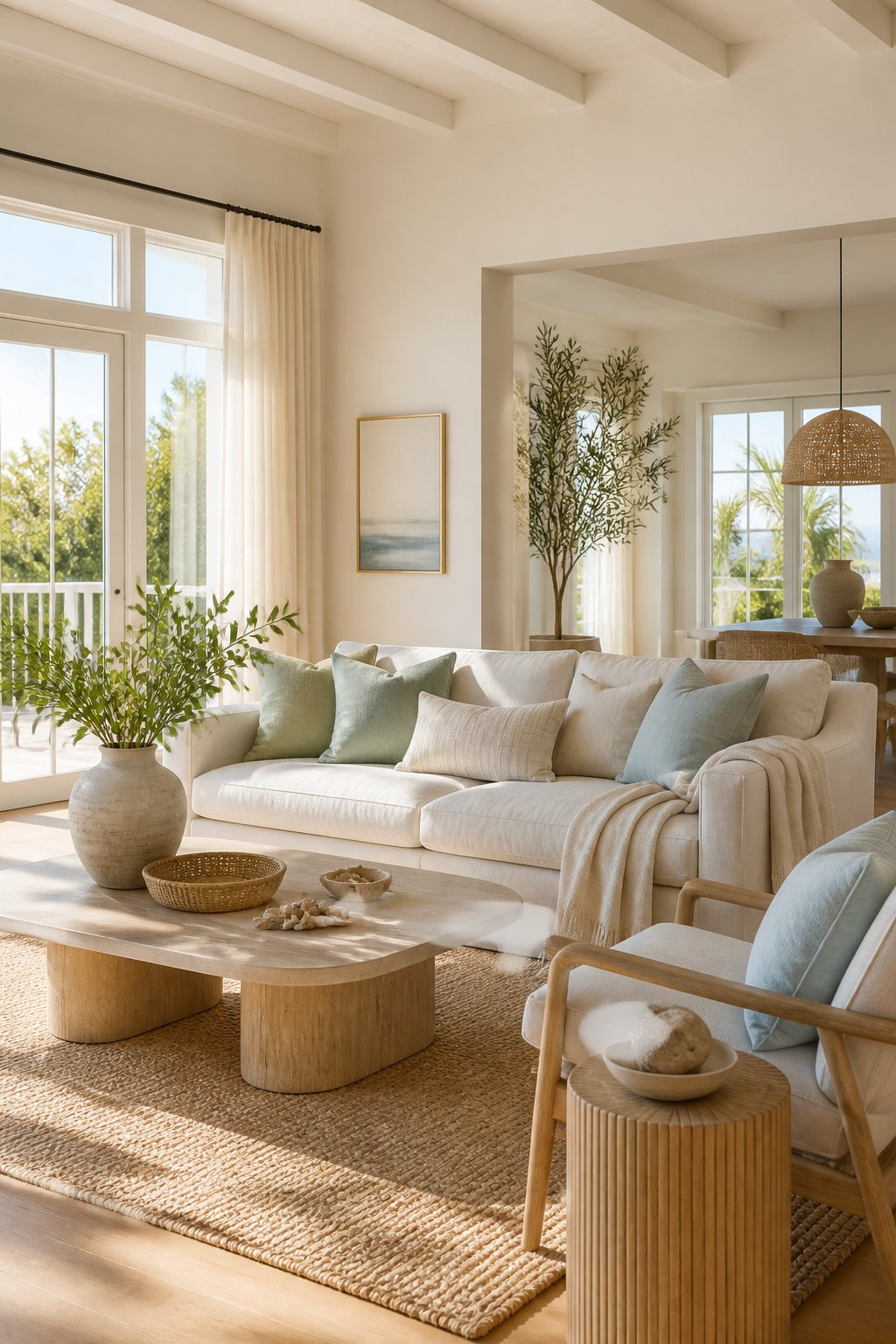 Bright elegant living room decorated in soft neutral summer colors with light wood furniture, woven textures, and leafy branches.
