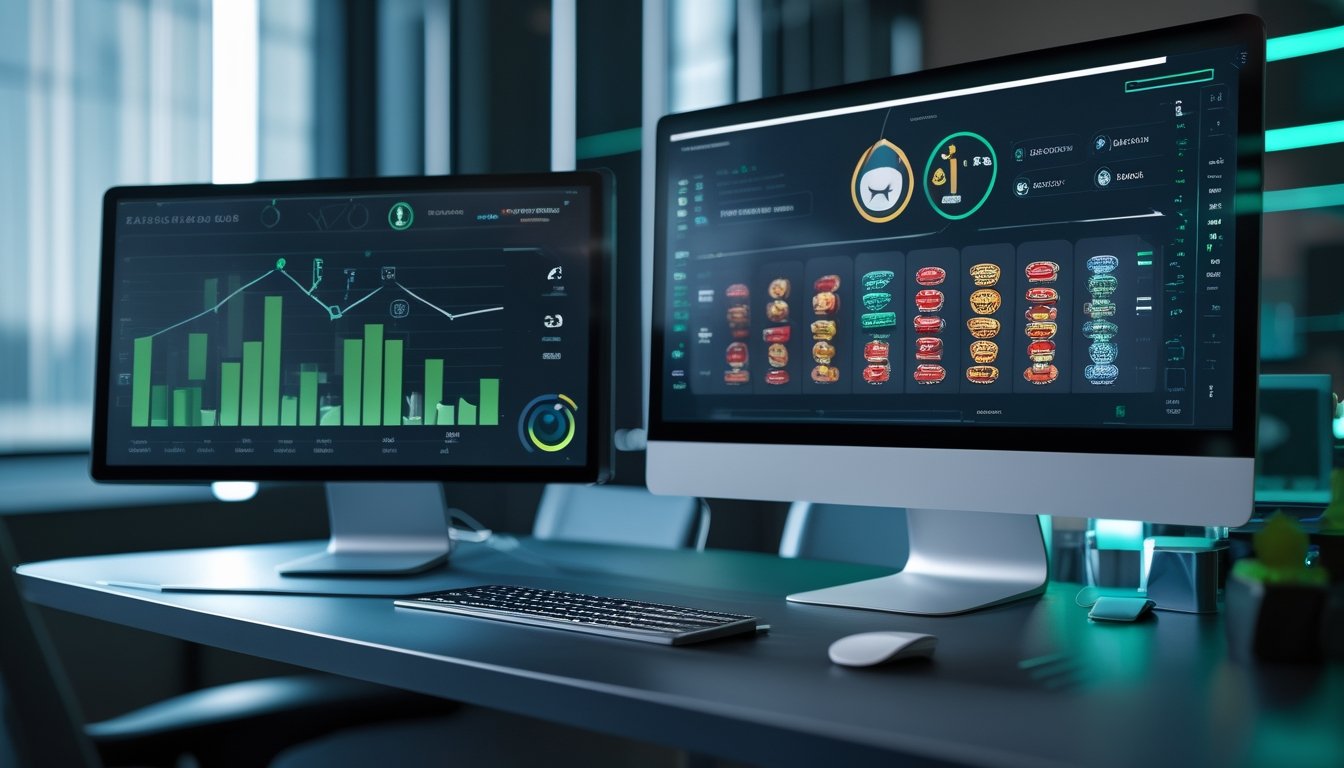 Monitor dan ponsel menampilkan dasbor permainan digital serta grafik kinerja abstrak di meja kerja modern.