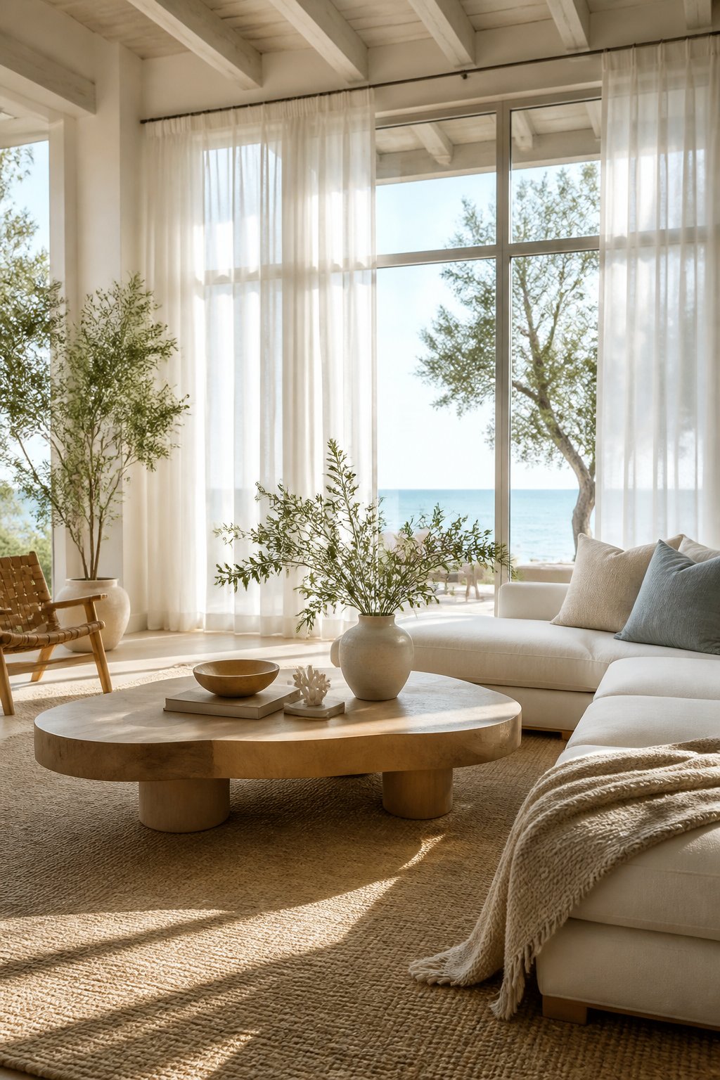 Bright, spacious living room with large windows, sheer curtains, neutral furniture, and summer decor.