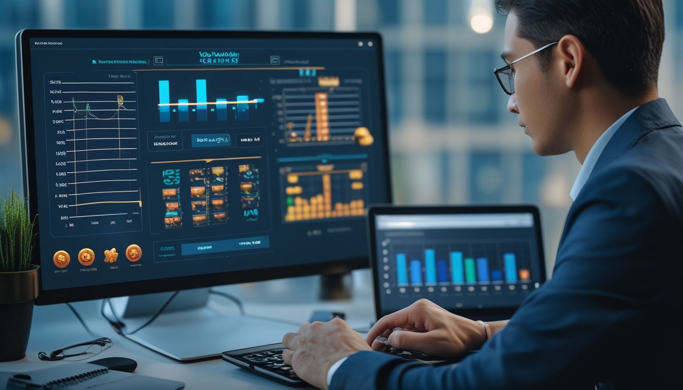 Analis memeriksa grafik RTP dan volatilitas permainan slot di ruang kerja modern.
