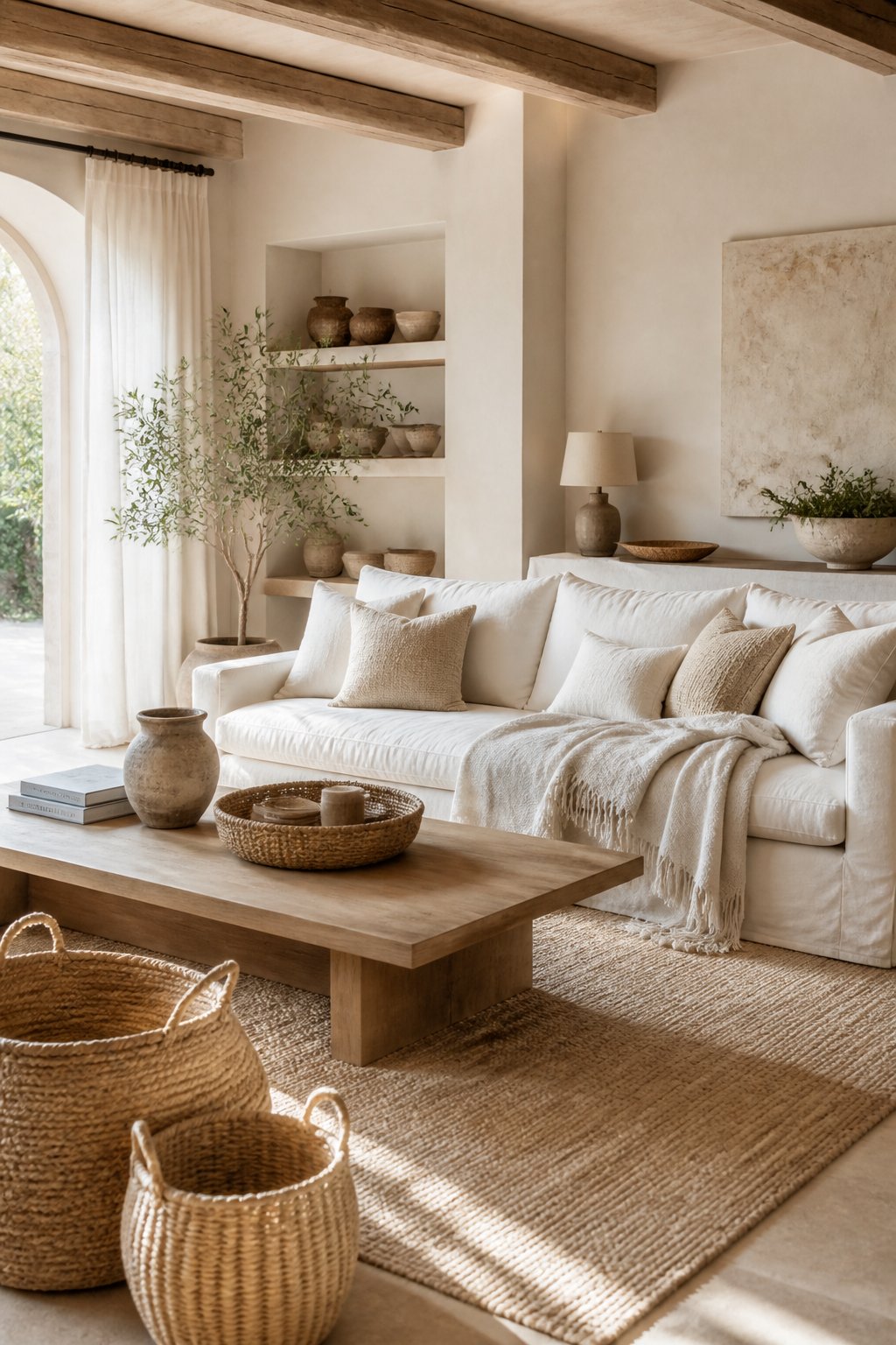 A bright neutral living room with linen furnishings, woven accents, natural wood, and soft summer sunlight.