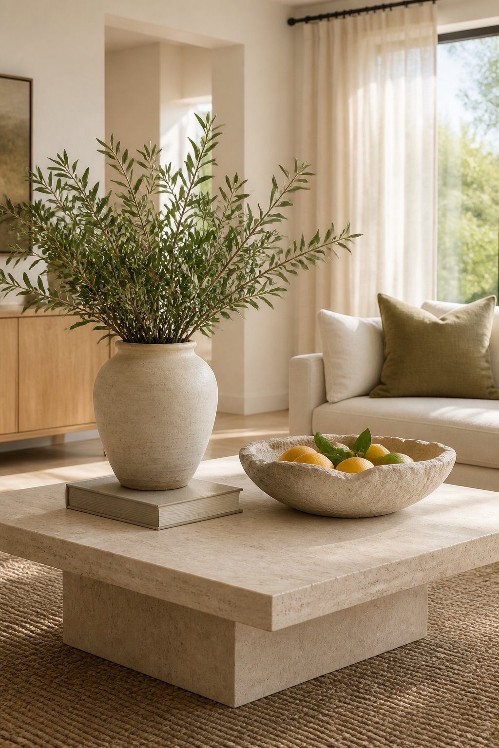A bright living room with a large table holding a vase, a bowl of fruit, and a book.