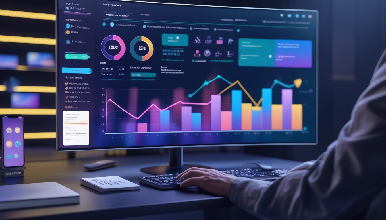 Meja kerja modern dengan monitor dan ponsel yang menampilkan dashboard analitik digital abstrak.