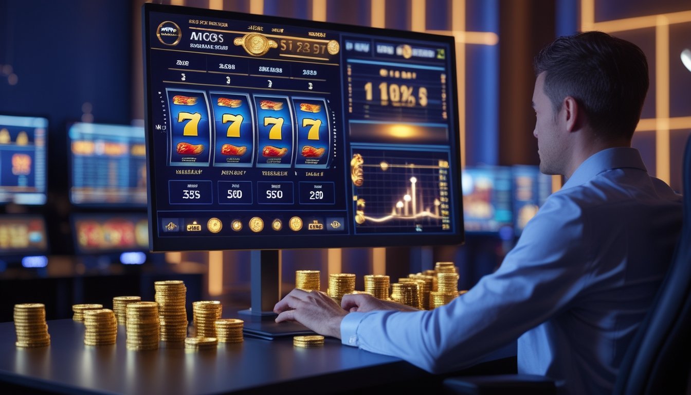 Seseorang menganalisis grafik peluang dan simbol permainan slot pada layar komputer di ruang kerja modern.