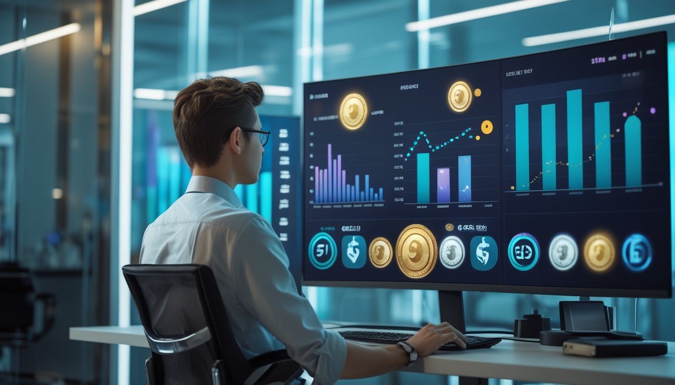 Seorang analis meninjau grafik tren dan indikator data pada beberapa layar komputer di ruang kerja modern.