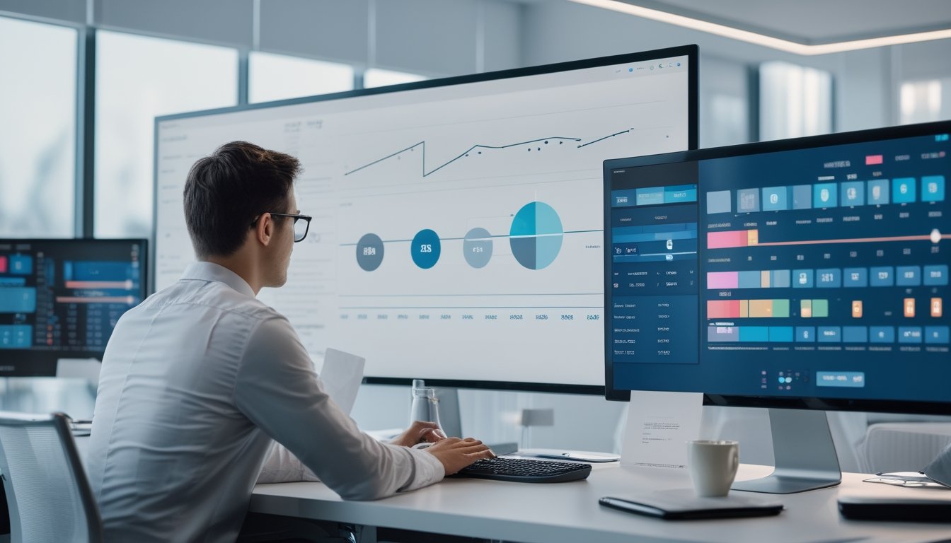 Analis data mempelajari grafik tren dan indikator RTP pada beberapa monitor di kantor modern.
