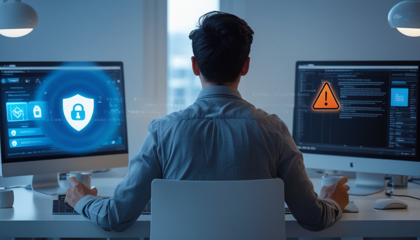 Seseorang menggunakan laptop dengan simbol keamanan dan peringatan yang membandingkan situs digital tepercaya dan mencurigakan.