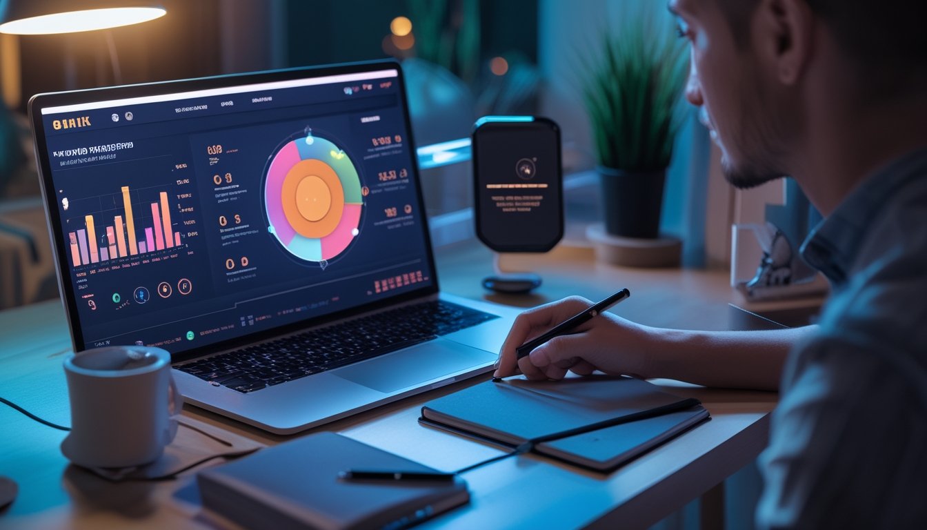 Seseorang meninjau dasbor analitik permainan daring di laptop dan ponsel pada meja kerja modern.