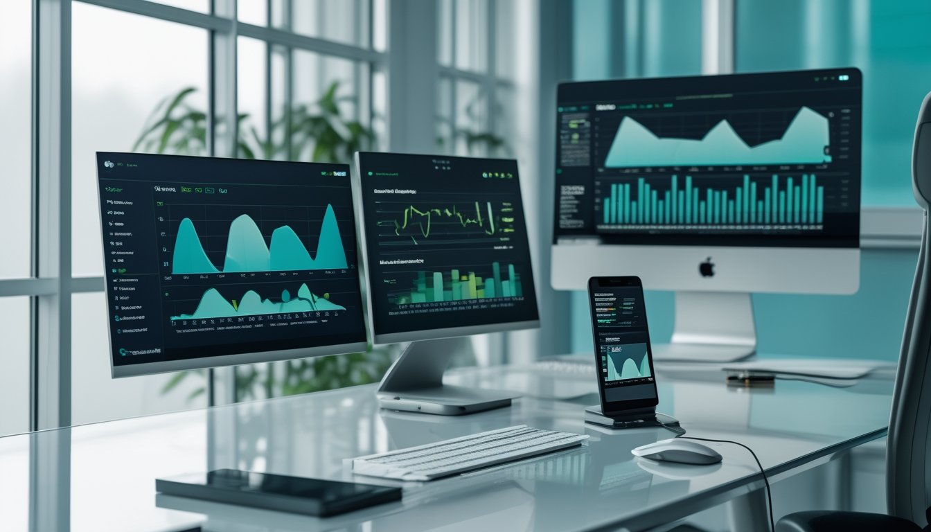 Meja kerja modern dengan laptop dan monitor yang menampilkan grafik data abstrak untuk pemantauan kinerja secara real-time.