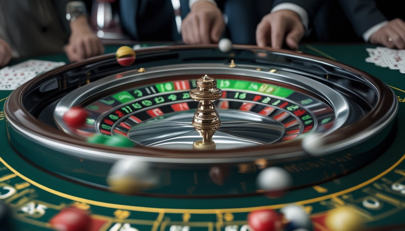 Roda roulette dengan dua bola bergerak bersamaan di atas meja kasino.