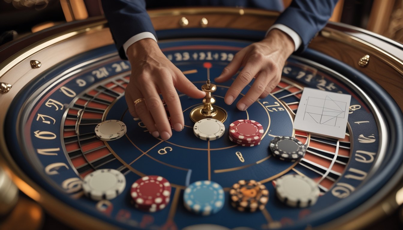 Roda roulette dengan dua bola dan keping taruhan yang ditata secara strategis di meja kasino.