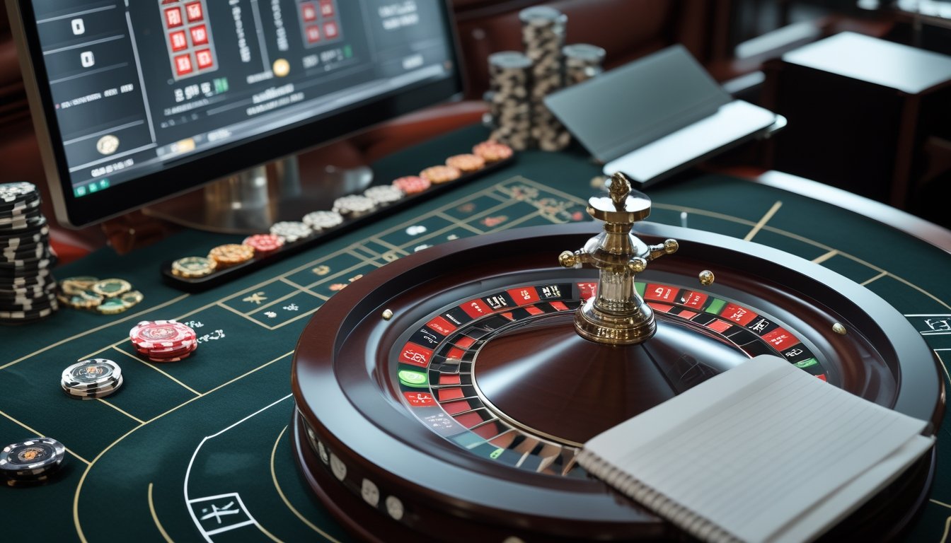 Meja roulette dengan dua bola yang berputar dan chip taruhan tertata di atasnya.