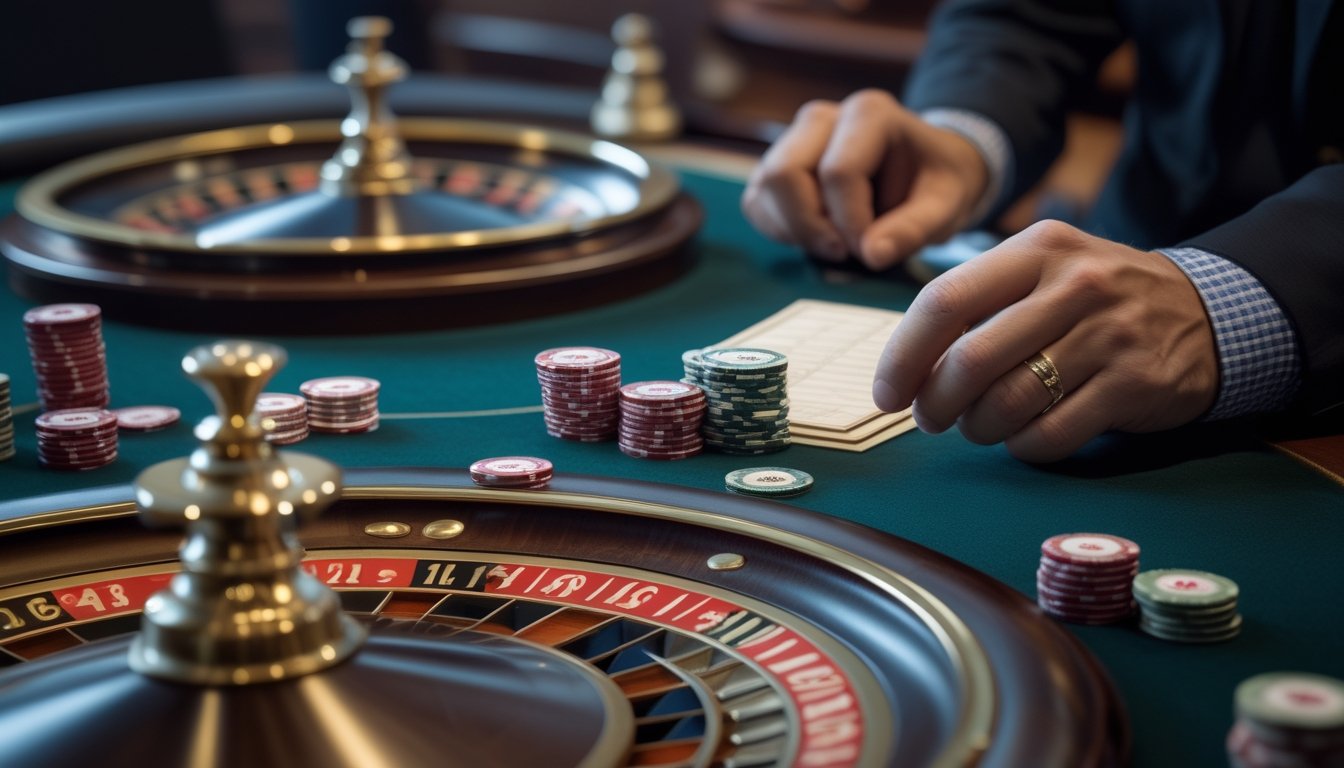 Tangan pemain menata tumpukan chip di meja roulette dengan dua bola yang berputar.