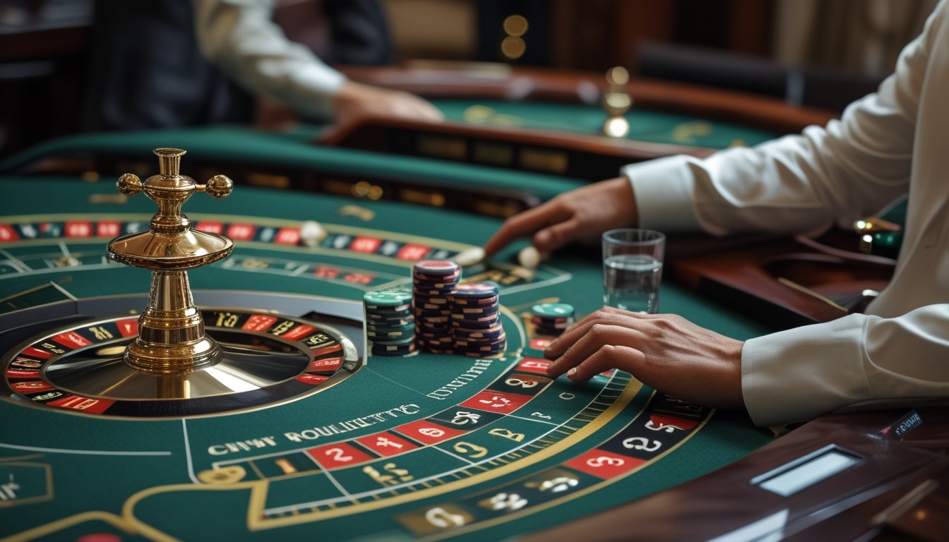 Pemain mengamati roda roulette dengan dua bola dan susunan chip yang tertata rapi.