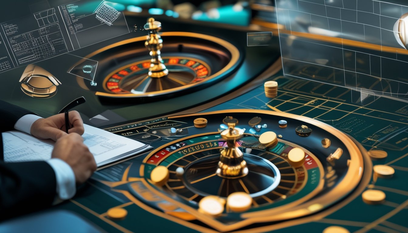 Seorang analis mempelajari roda roulette dengan dua bola, keping kasino, dan elemen visualisasi peluang di meja kasino.