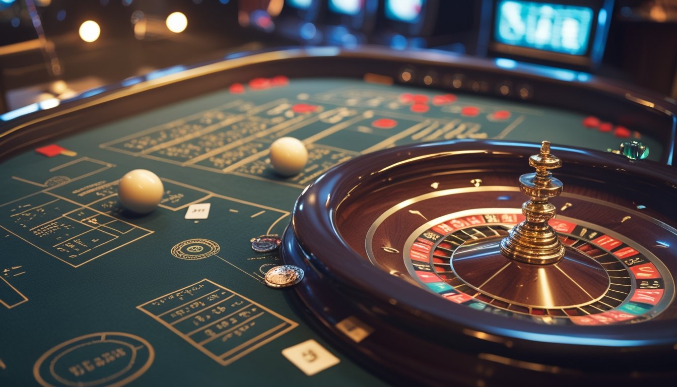 Meja roulette dengan dua bola putih dan elemen visual abstrak yang menggambarkan analisis peluang.