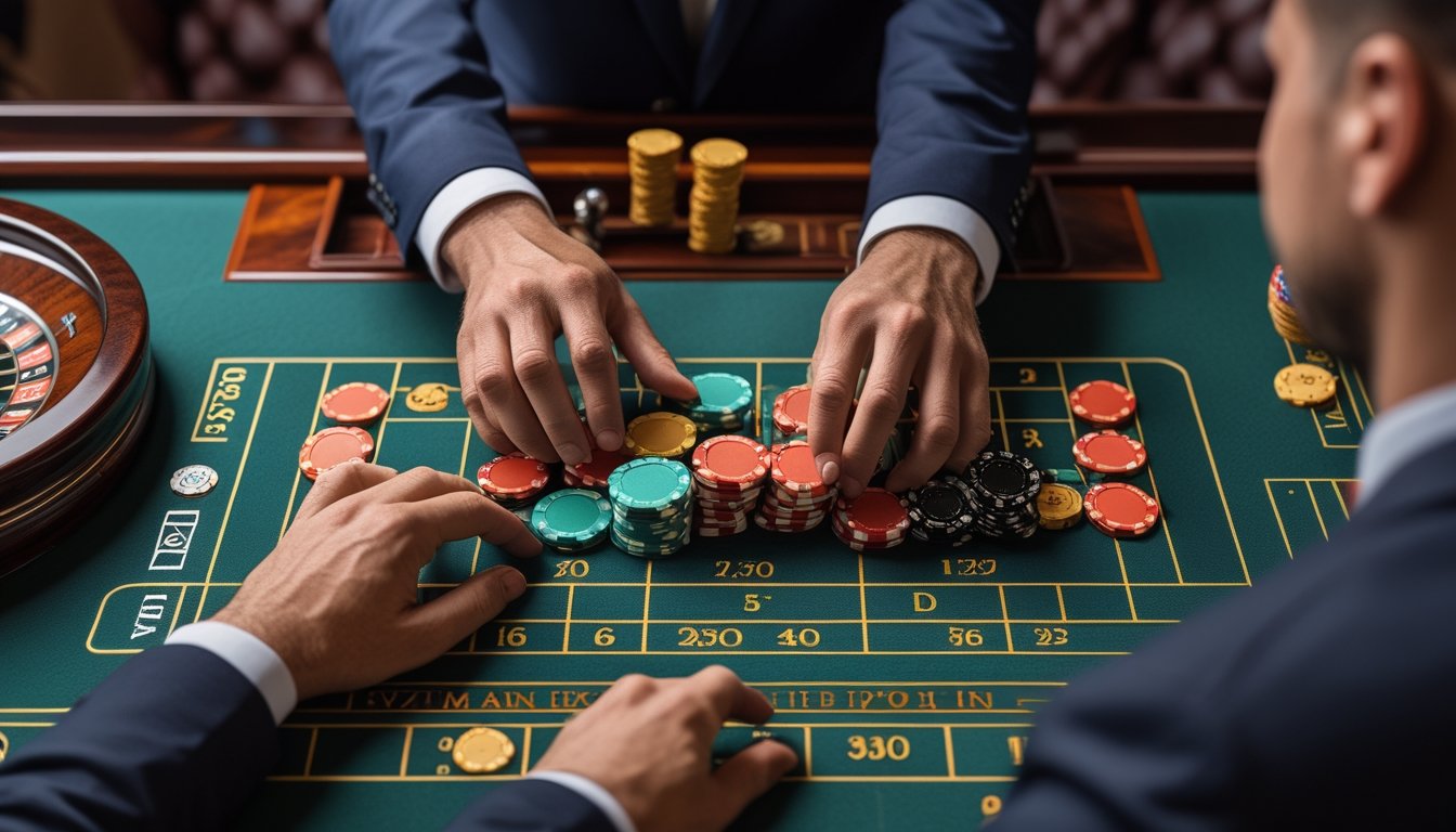Tangan pemain menempatkan beberapa keping taruhan di meja roulette dengan dua bola, sementara bandar mengawasi.