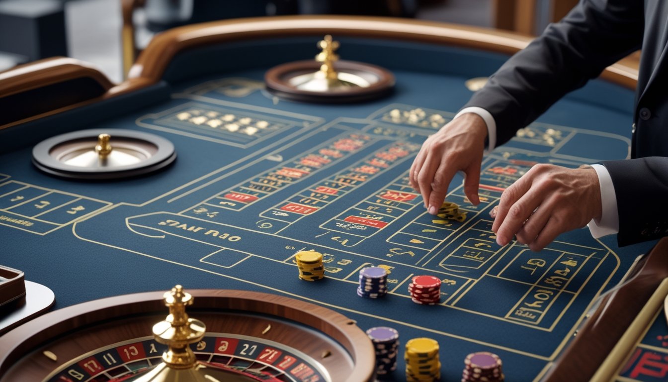 Meja Double Ball Roulette dengan dua roda roulette, area taruhan yang tertata, dan keping taruhan yang ditempatkan pada beberapa posisi kombinasi.