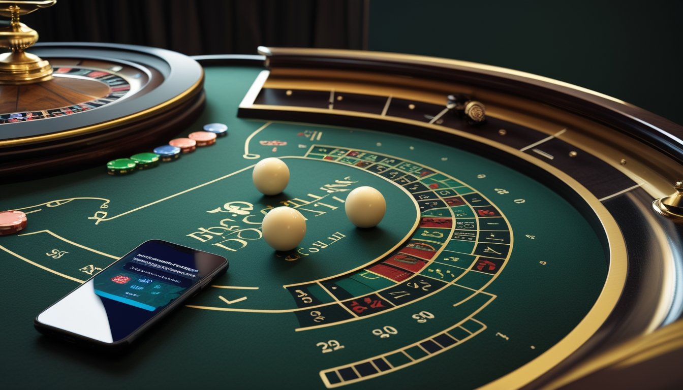 Meja roulette elegan dengan dua bola dan perangkat digital yang menampilkan permainan roulette.