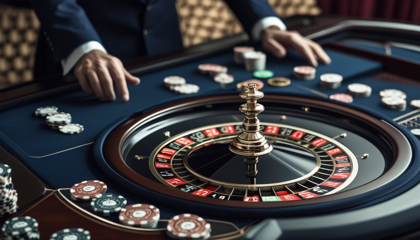 Meja roulette dengan dua bola putih, keping taruhan, dan tangan bandar di kasino modern.
