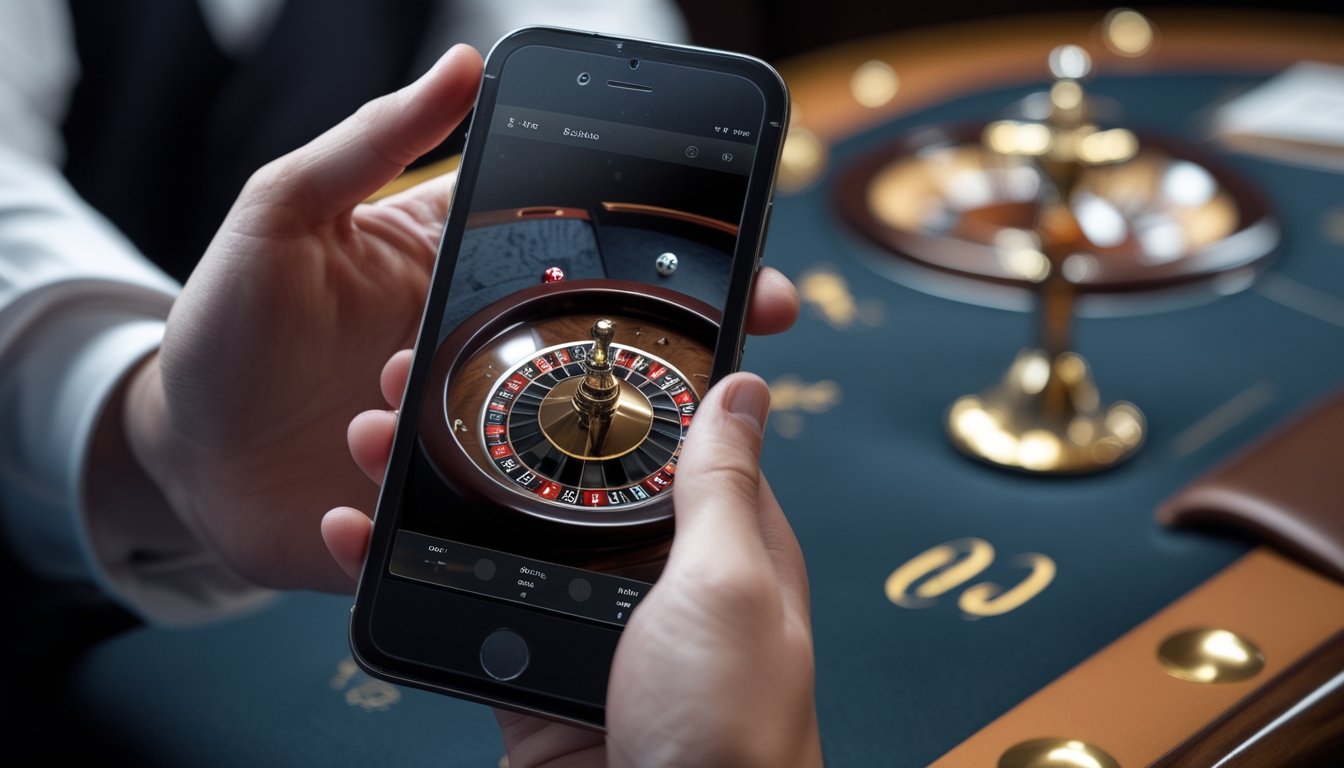 Seseorang memainkan roulette dengan dua bola melalui smartphone di atas meja kasino.