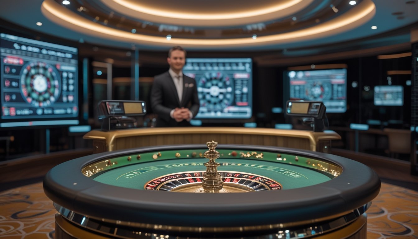Dealer profesional menyajikan permainan roulette dua bola di studio kasino modern dengan kamera dan teknologi siaran langsung.