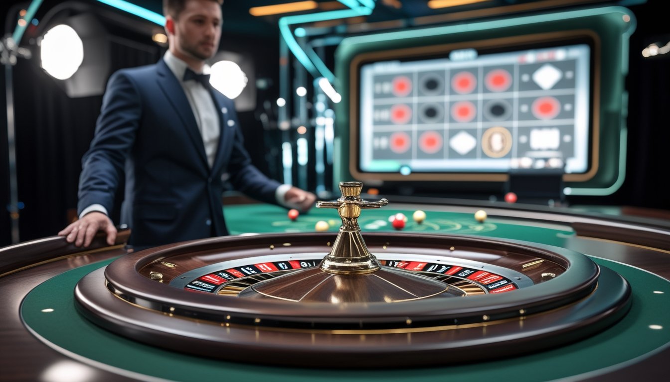 Dealer memandu permainan roulette dengan dua bola di studio kasino modern.