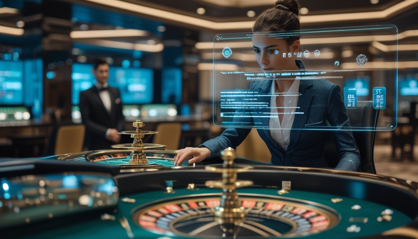 Meja roulette dengan dua bola, dealer langsung, dan elemen visual teknologi keamanan digital.