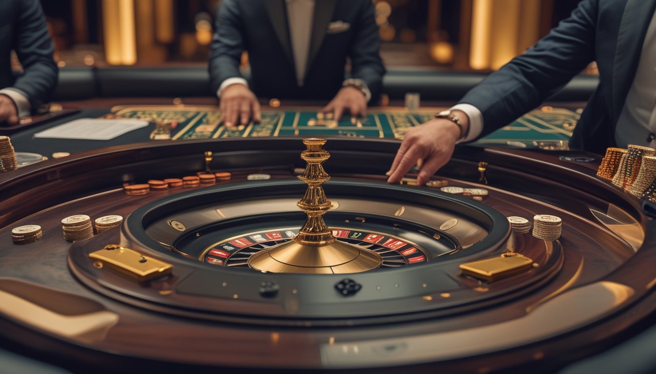 Pemain berpakaian elegan berkumpul di meja roulette dengan dua bola di kasino mewah.