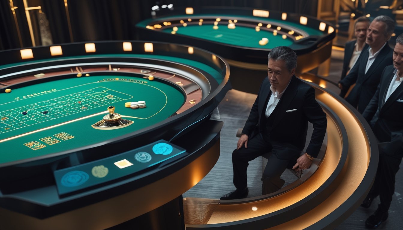 Pemain dewasa berkelas berkumpul di meja roulette dengan dua bola yang sedang berputar di kasino modern.