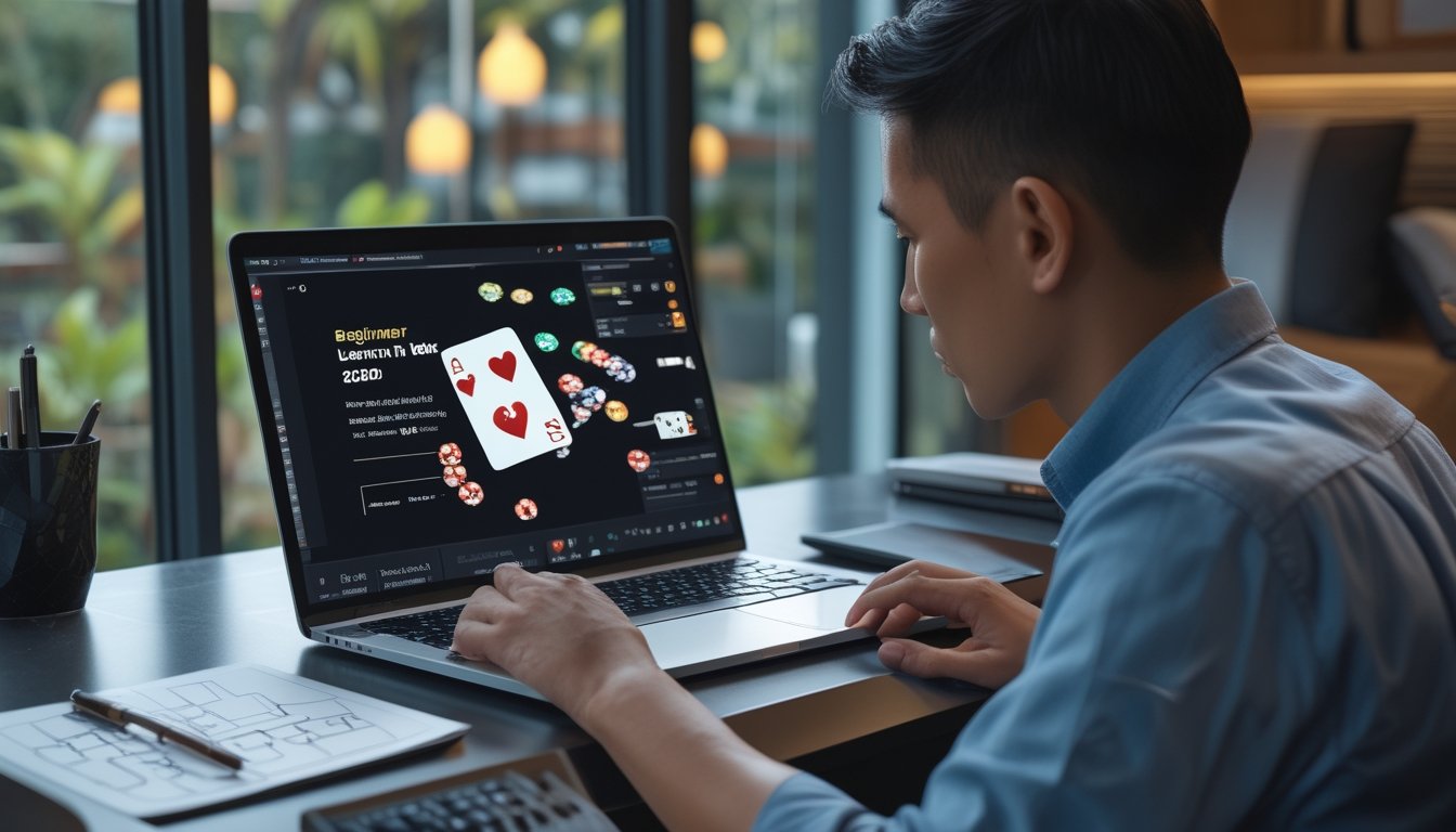 Pemula mempelajari poker online di depan laptop pada meja kerja yang rapi.