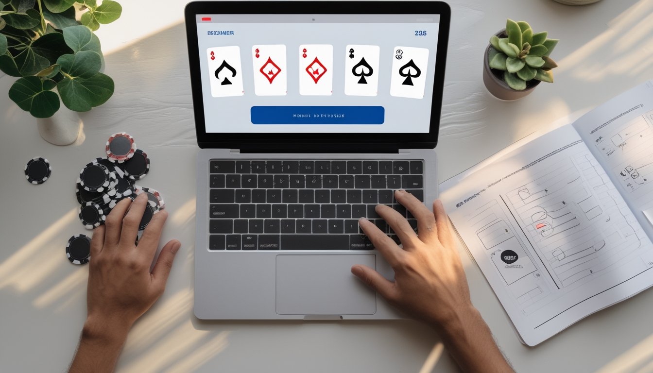 Seseorang mempelajari poker online melalui laptop dengan kartu dan keping poker di meja.