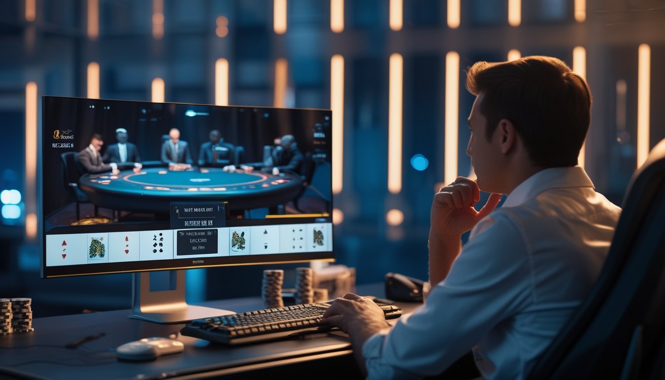 Seorang pemain poker fokus mengikuti turnamen online di depan komputer dengan kartu dan keping poker di meja.