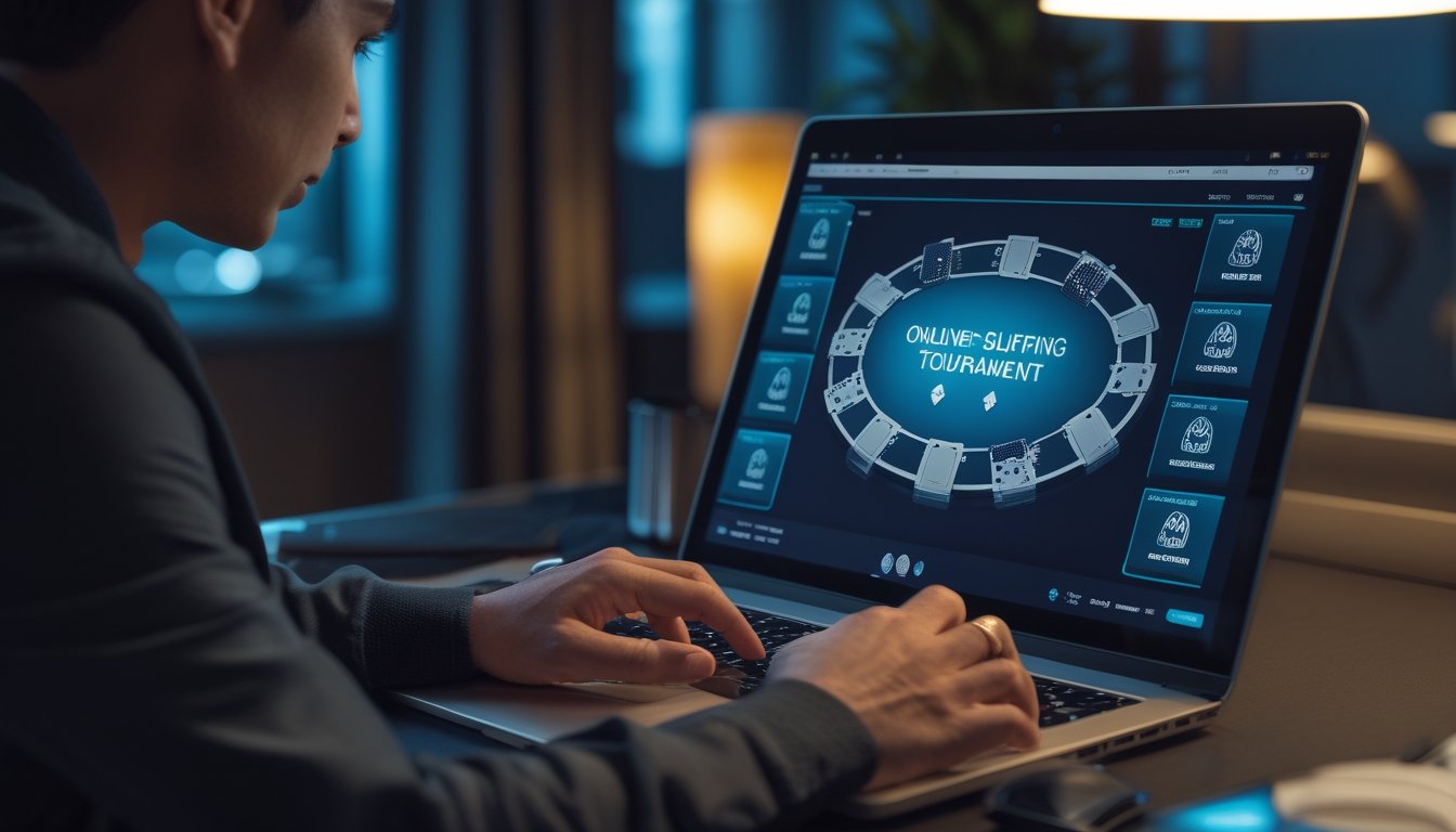 Pemain poker fokus mempelajari meja poker online di laptop dengan chip poker di atas meja.