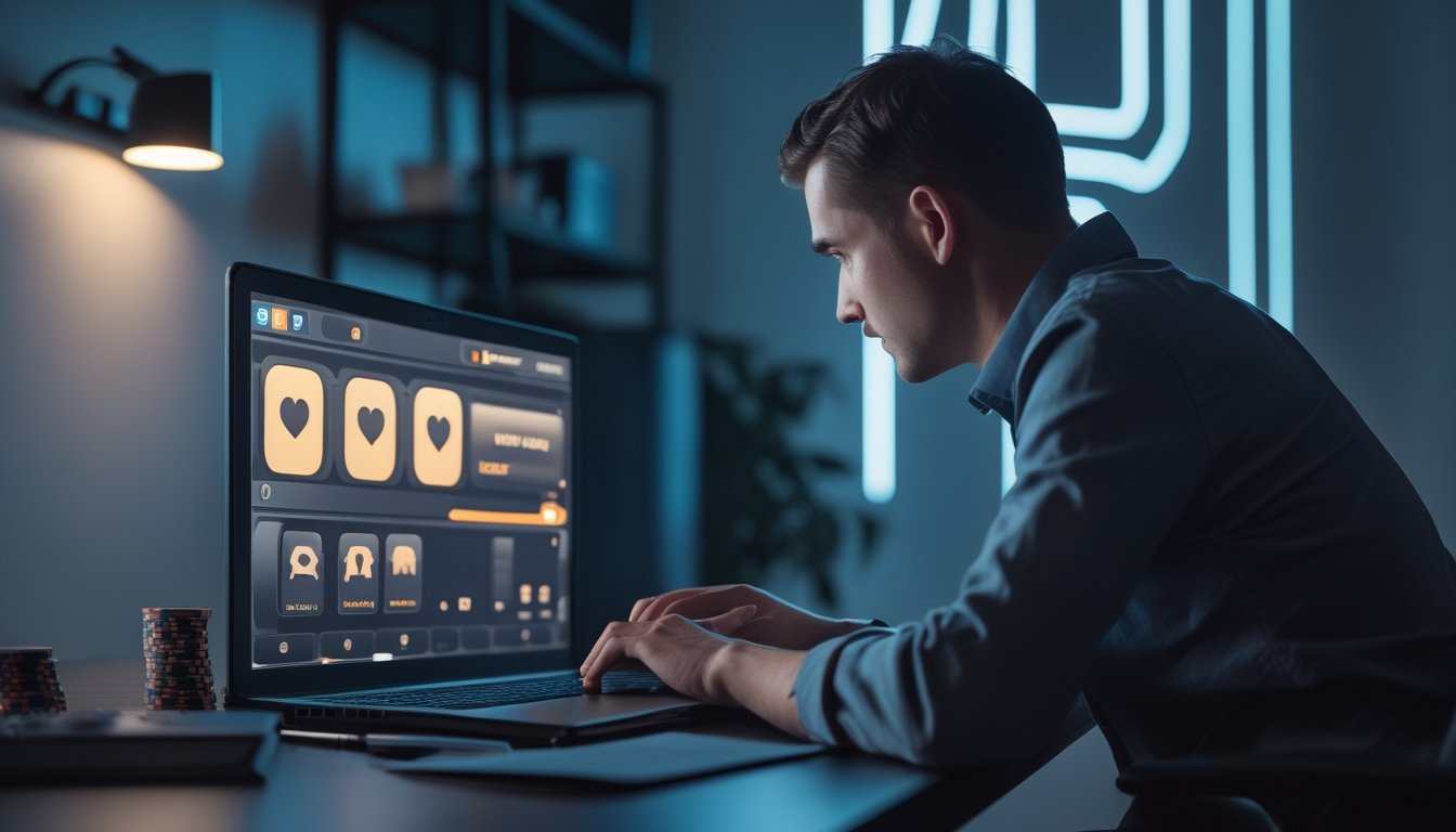 Pemain poker online mengamati layar laptop dan waktu taruhan sambil menganalisis lawan.