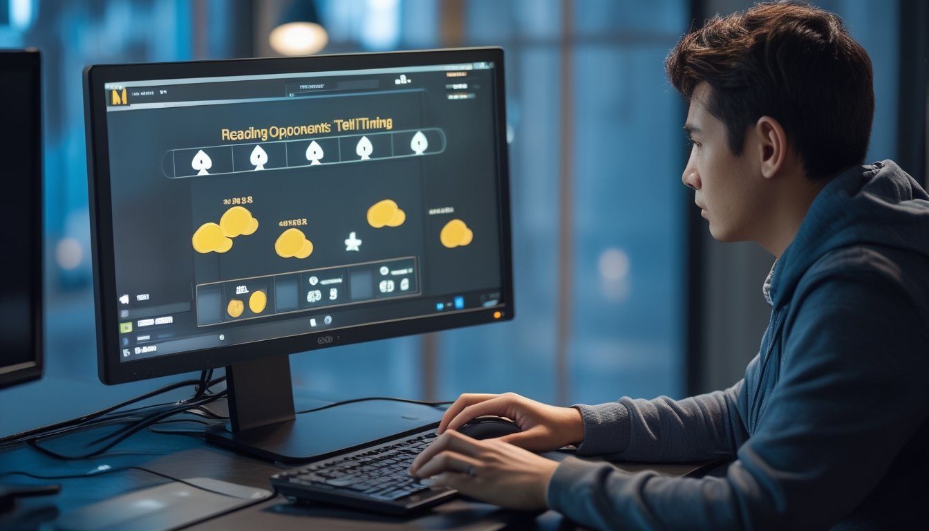 Pemain poker online mengamati layar laptop dengan saksama untuk membaca pola waktu taruhan lawan.