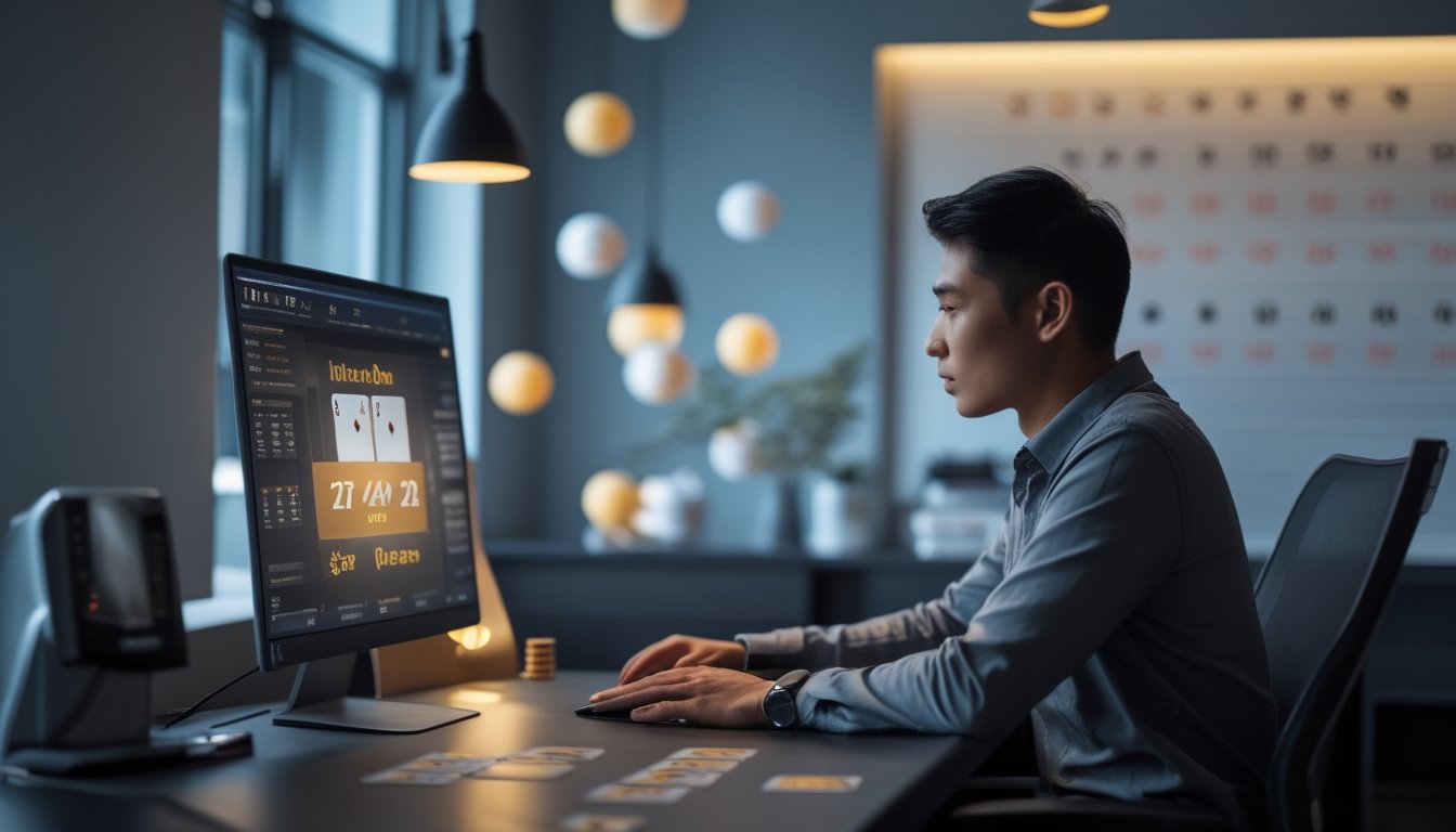 Seorang pemain mengikuti turnamen poker daring di ruang kerja modern dengan kartu dan chip poker di meja.