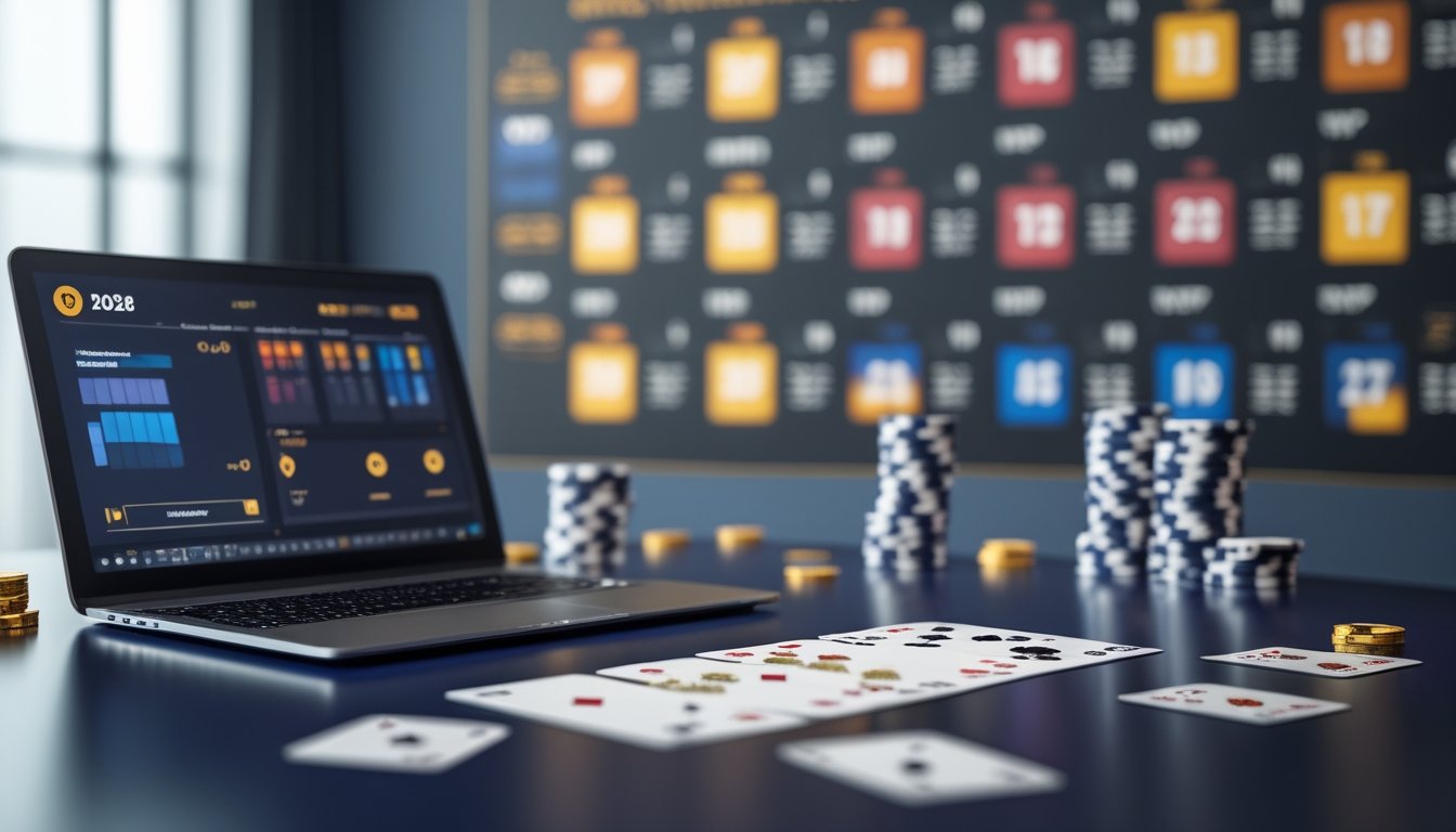 Meja poker dengan kartu dan keping taruhan di depan kalender tahunan digital yang menggambarkan jadwal turnamen.