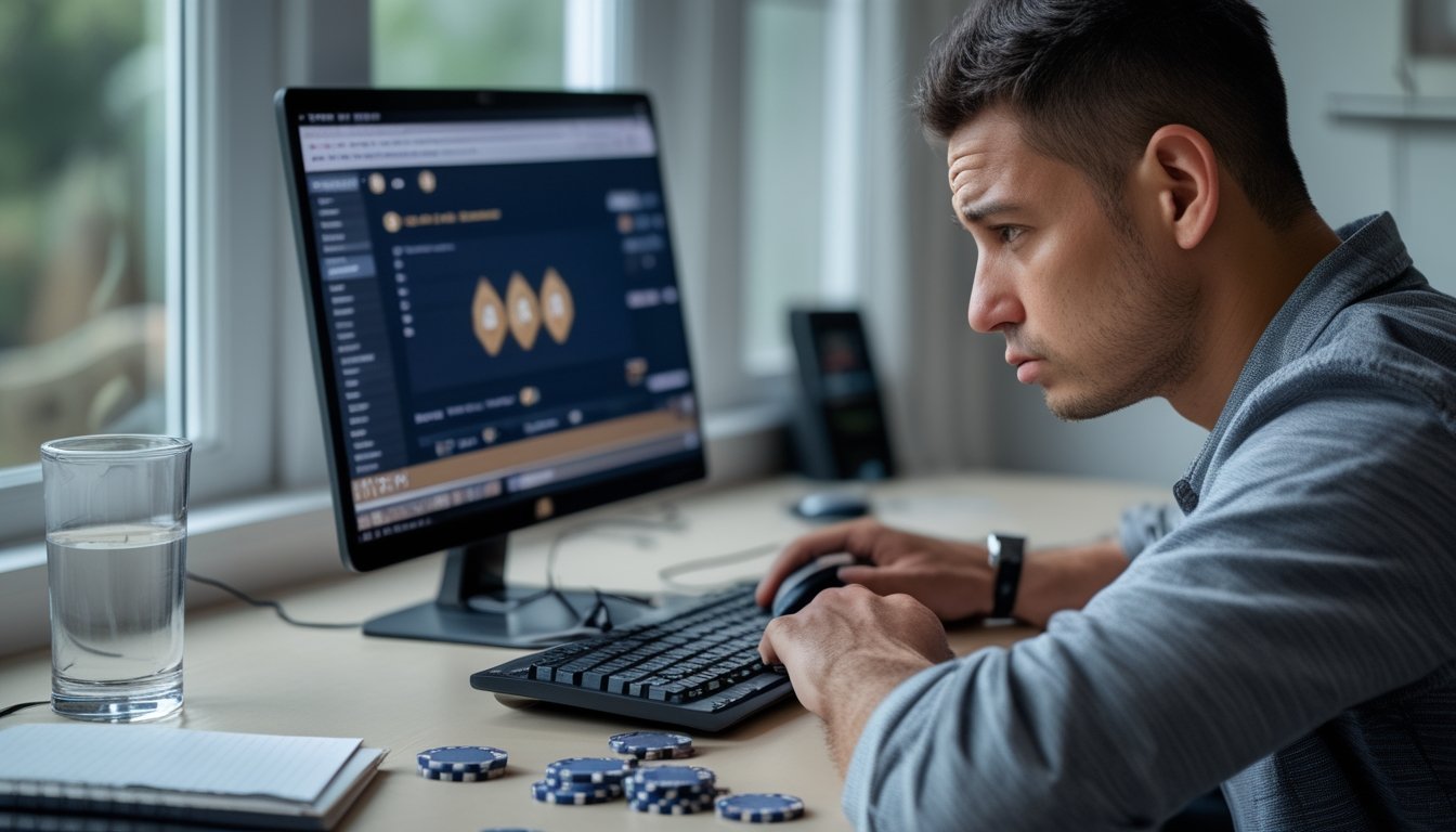 Pemain poker online duduk tegang di depan laptop sambil berhenti sejenak dan mencoba menenangkan diri setelah mengalami kekalahan beruntun.