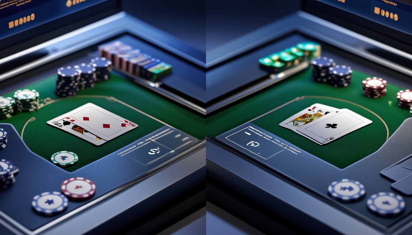 Dua meja poker digital yang membandingkan permainan Texas Hold’em dan Omaha dengan kartu komunitas, kartu tertutup, serta keping poker.