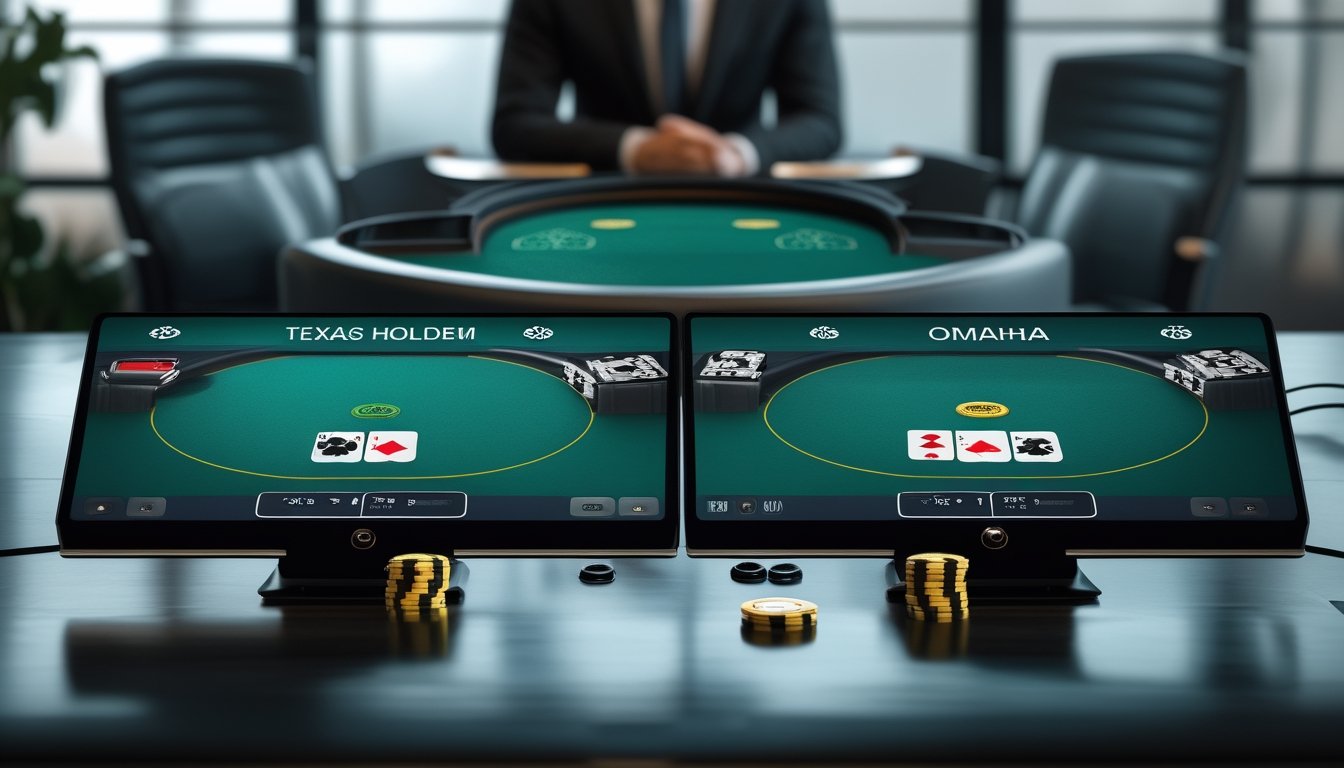 Tampilan meja poker digital yang membandingkan susunan kartu Texas Hold’em dan Omaha.
