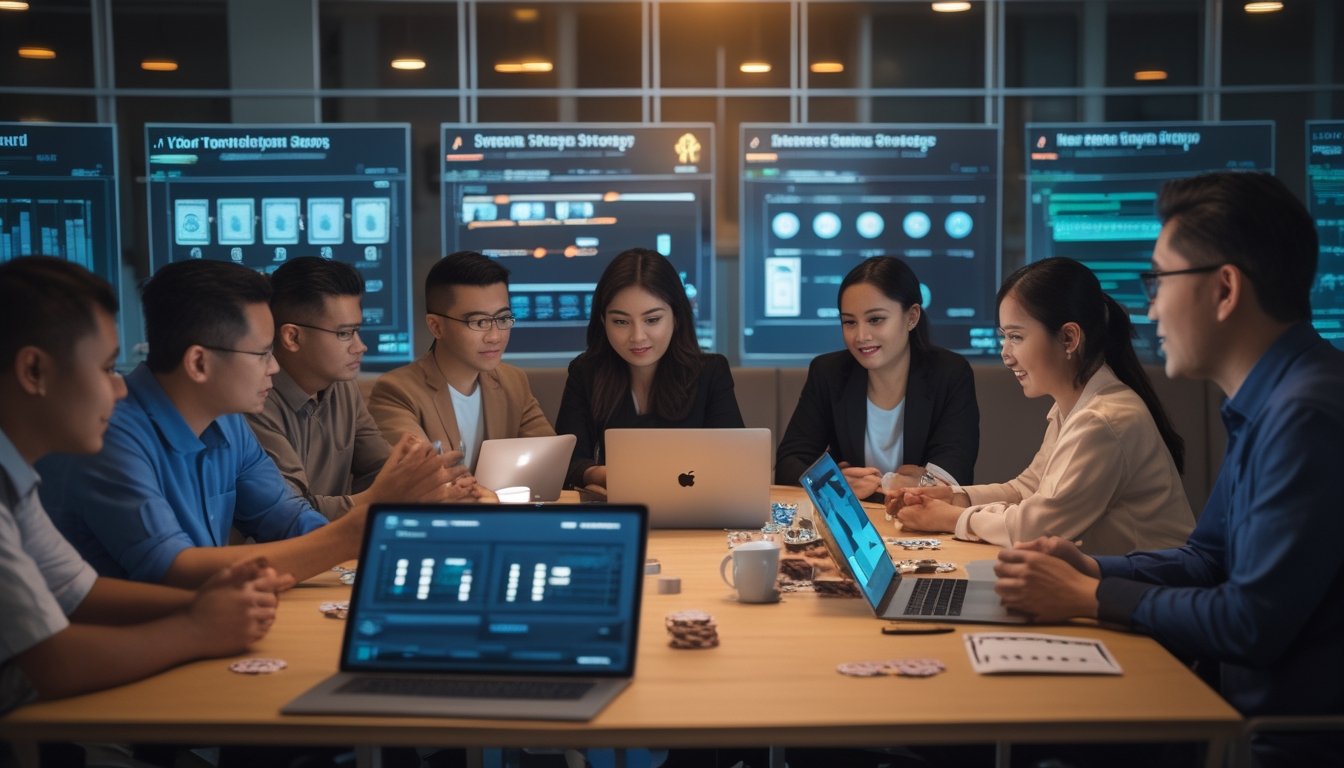 Sekelompok pemain poker Indonesia berdiskusi dan berbagi strategi di sekitar meja dengan laptop, kartu, dan keping poker.