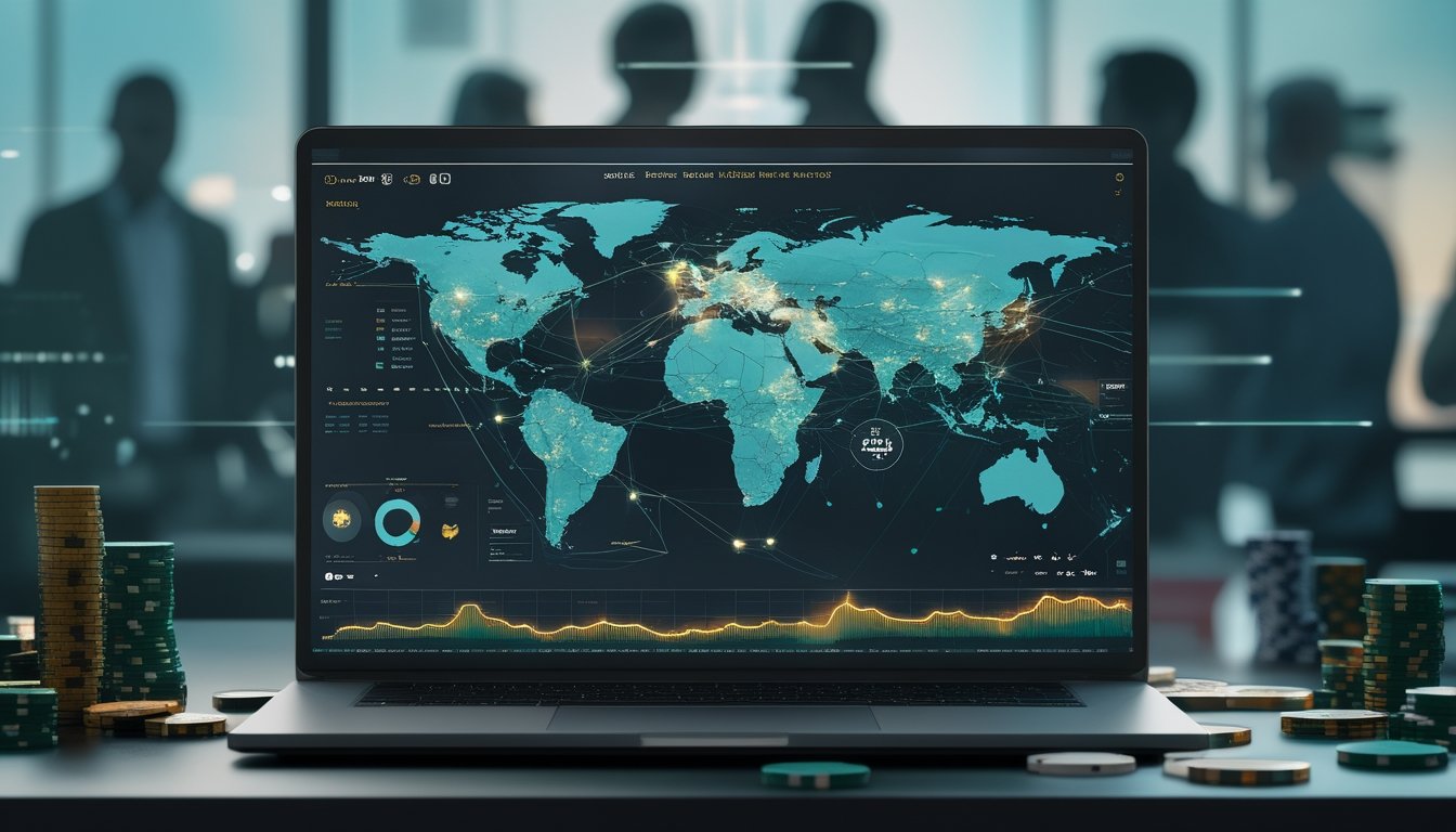 Laptop dengan grafik tren digital, peta jaringan global, kartu remi, dan keping poker di meja kerja modern.