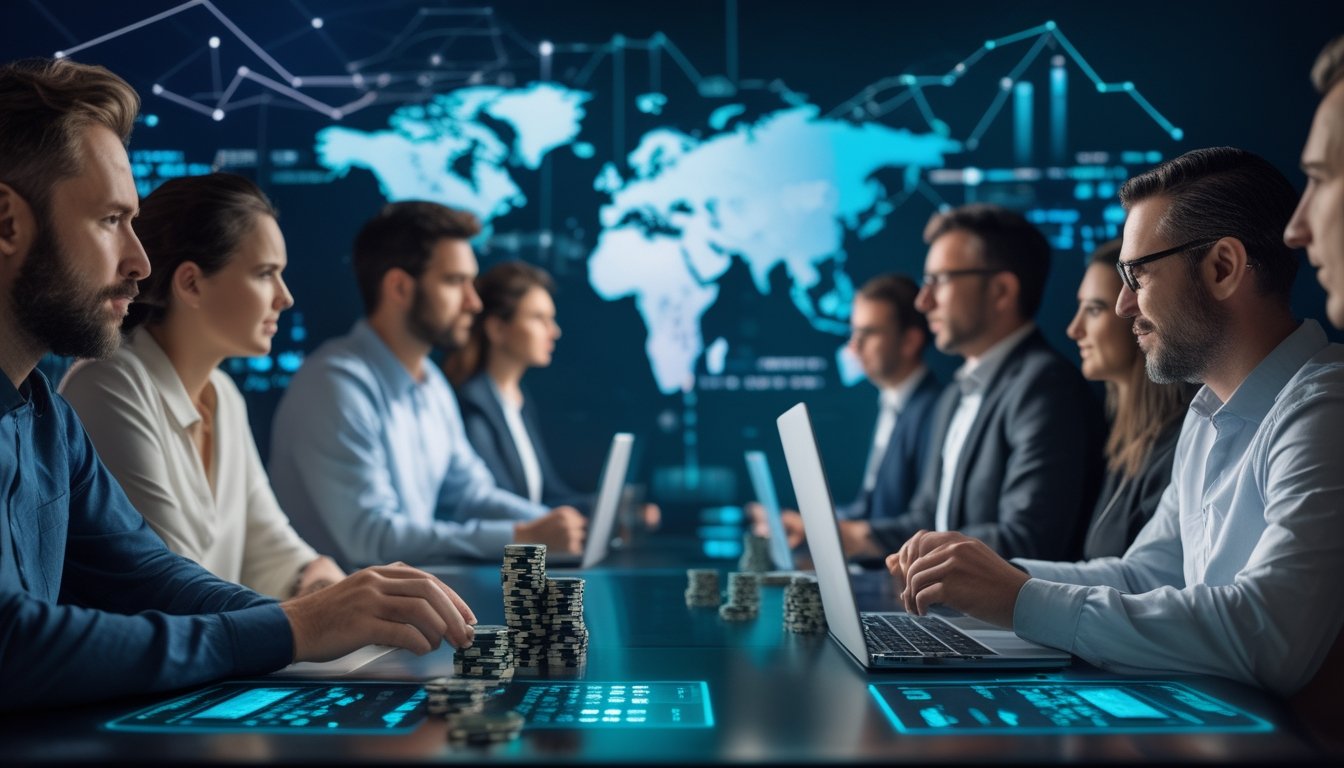 Sekelompok pemain dewasa menggunakan perangkat digital untuk bermain poker dan menganalisis tren pasar dalam suasana modern yang saling terhubung.